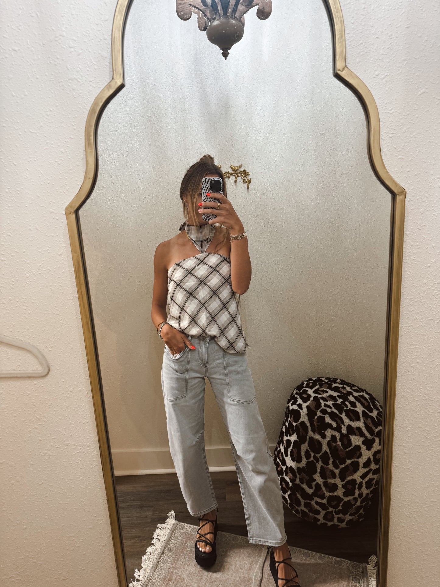 Draped in plaid top