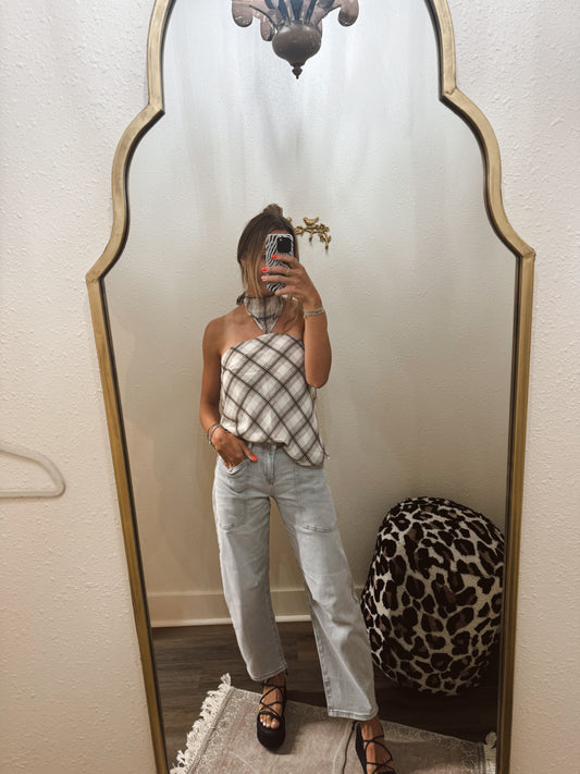 Draped in plaid top