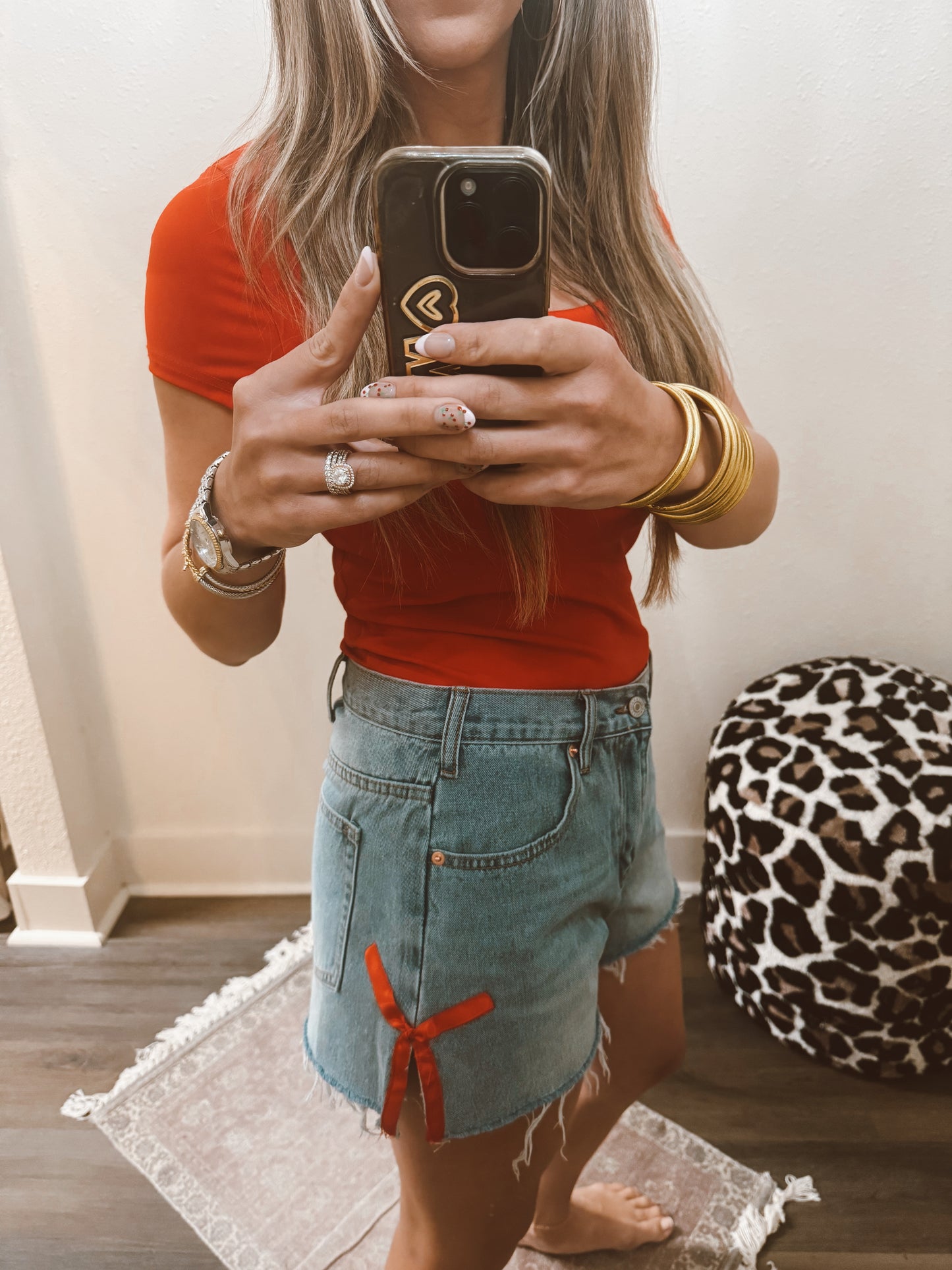 Red Ribbon Denim Shorts