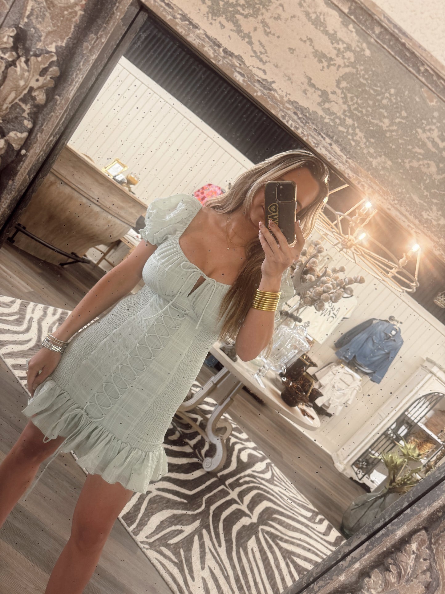 Smocked Mint Mini Dress