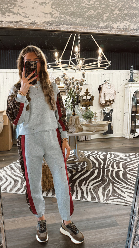 Gray, Red & Leopard Sweat Set
