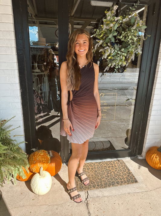Brown ombré pleated one shoulder dress